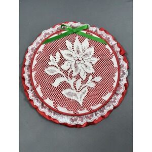 Vintage FINISHED Christmas Embroidery Stitch Hoop Red Wall‎ Hanging